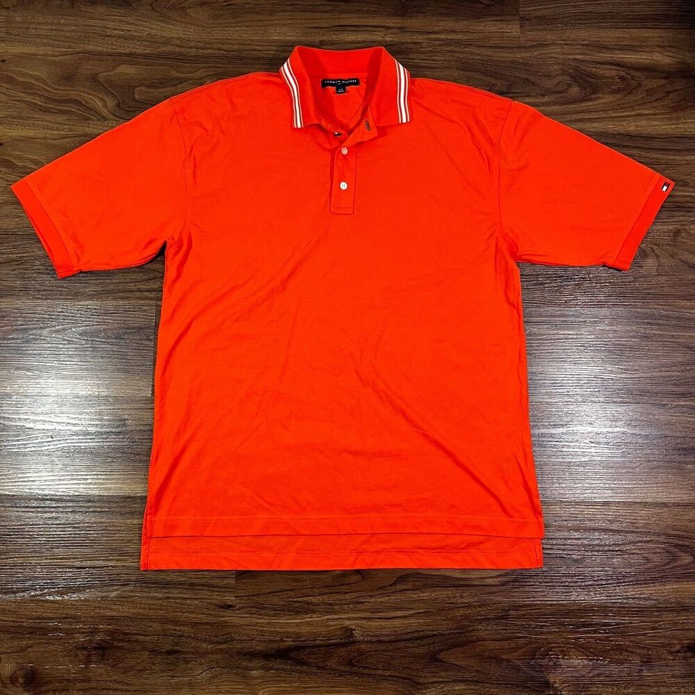 Tommy Hilfiger Golf Polo Shirt Size Large Orange/White 100% Cotton Men's